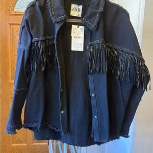 Zara Black Denim Jacket with Fringe